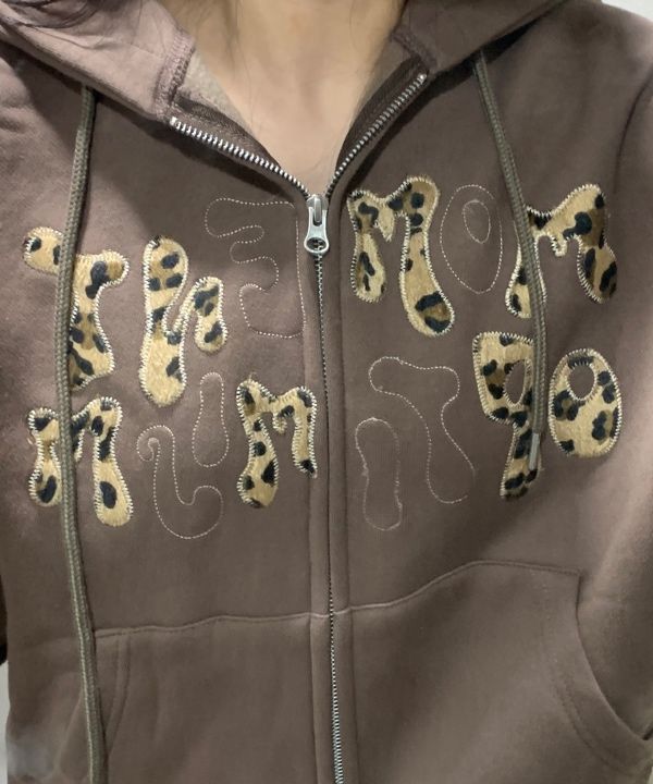 【韓国】moo Leopard Applique Hoodie - Brown MUSINSA | MOO Leopard Applique Hoodie - Brown