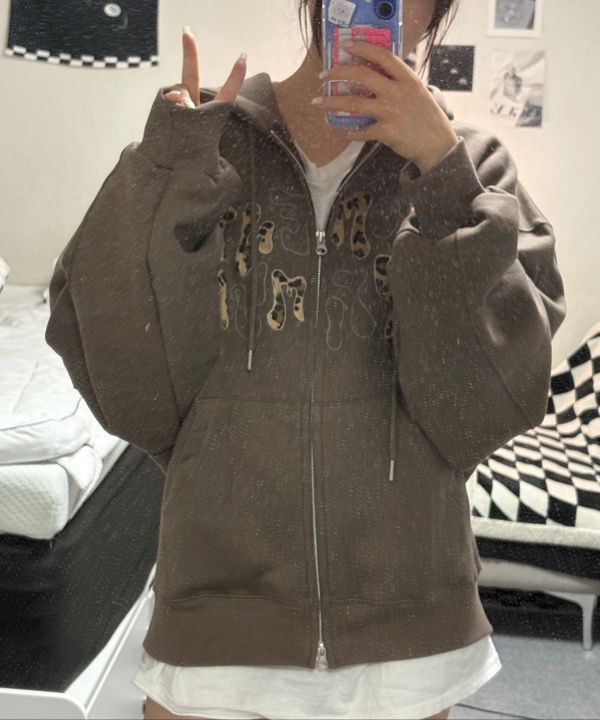 【韓国】moo Leopard Applique Hoodie - Brown MUSINSA | MOO Leopard Applique Hoodie - Brown