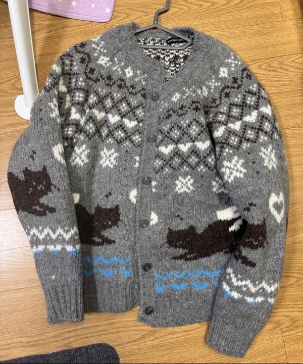 MUSINSA | RONRON RIBBON CAT FAIR ISLE KNIT CARDIGAN GREY