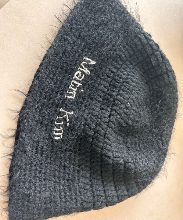 MUSINSA | MATIN KIM LOGO HAIRY KNIT BUCKET HAT IN BLACK