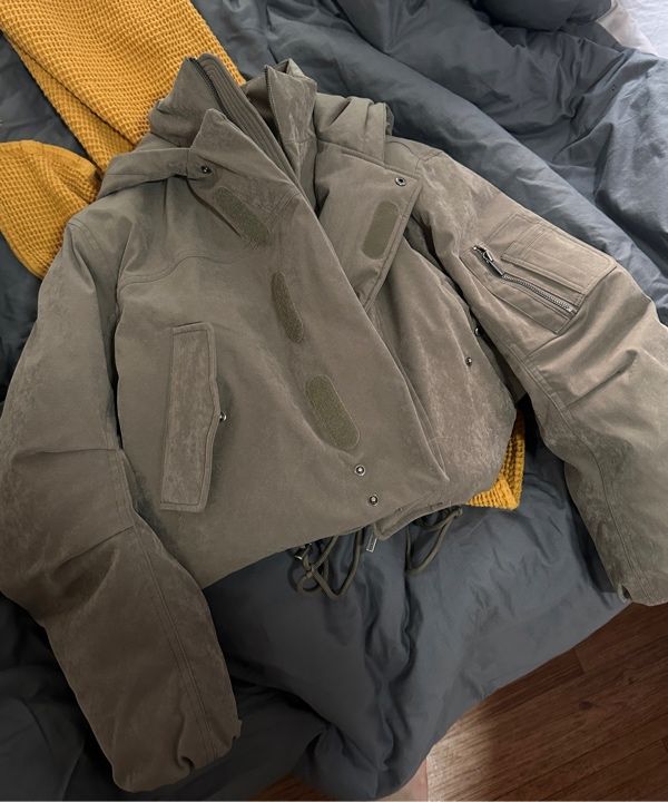 ダウンジャケット・コート [MATINKIM]layered hoody bomber down jumper in light khaki MUSINSA | MATIN KIM LAYERED HOODY BOMBER DOWN JUMPER IN