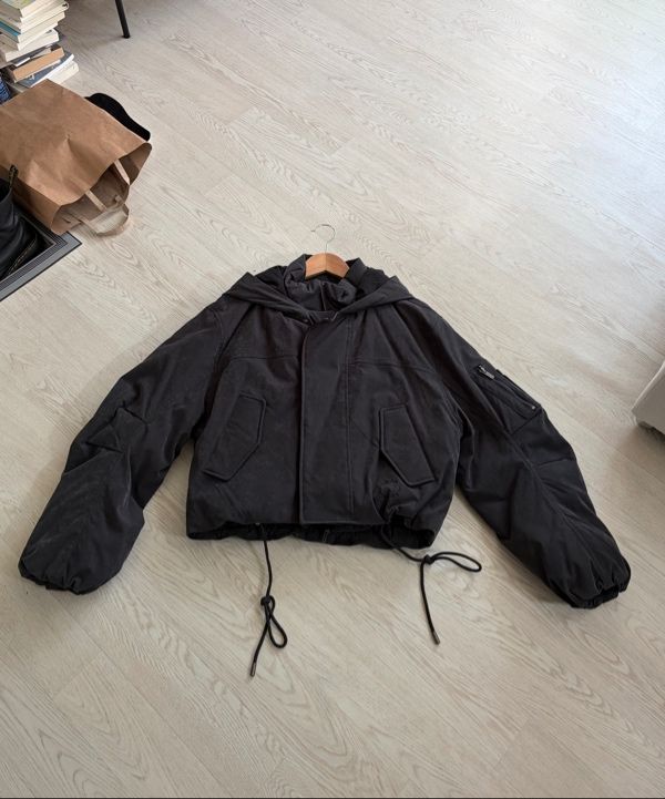 MUSINSA公式 | MATIN KIM LAYERED HOODY BOMBER DOWN JUMPER IN CHARCOAL