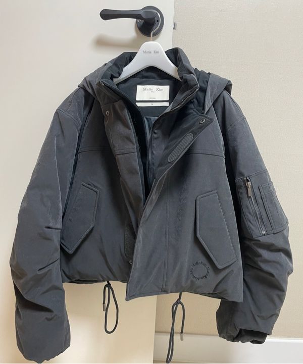 MUSINSA | MATIN KIM LAYERED HOODY BOMBER DOWN JUMPER IN CHARCOAL