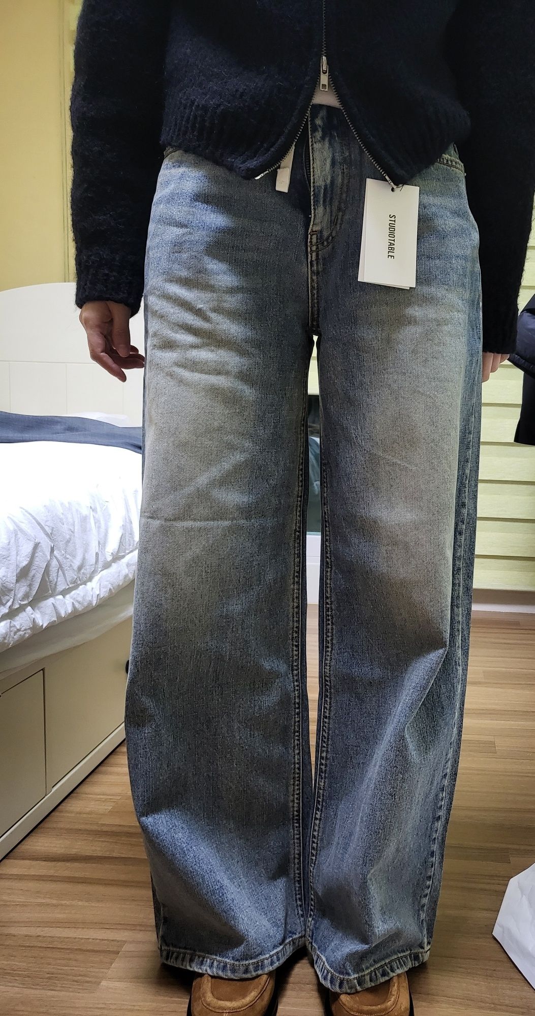 MUSINSA | STUDIOTABLE DOUBLE WAIST WIDE DENIM, MID BLUE