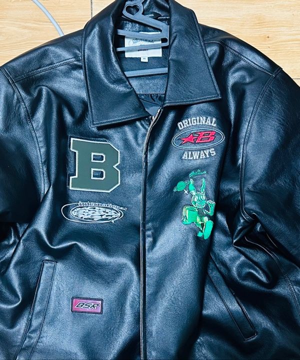 MUSINSA | BSRABBIT Star B Varsity Jacket Vintage Leather Black