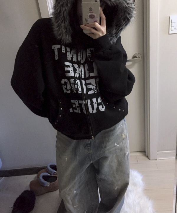 【EASY NO EASY】Crop Fur Hood Zip-Up ★男女兼用★追跡付 MUSINSA | EASY NO EASY Crop Fur Hooded Zip-Up - Black