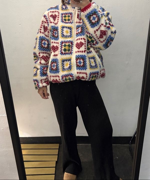 MUSINSA | RONRON HEART CROCHET PATTERN FLEECE JACKET IVORY