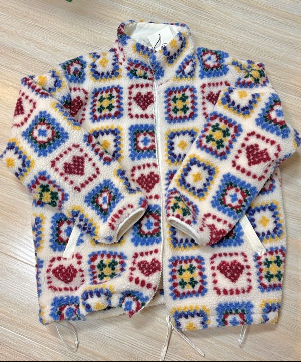 MUSINSA | RONRON HEART CROCHET PATTERN FLEECE JACKET IVORY