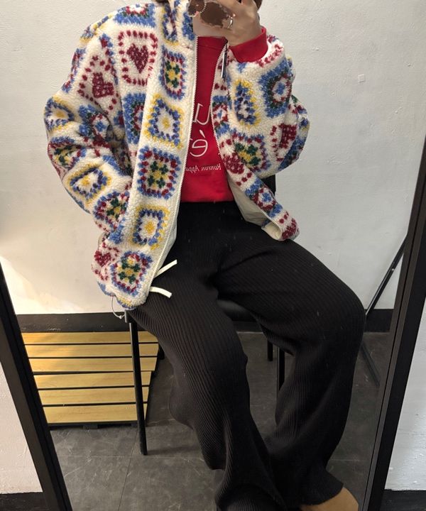 MUSINSA | RONRON HEART CROCHET PATTERN FLEECE JACKET IVORY