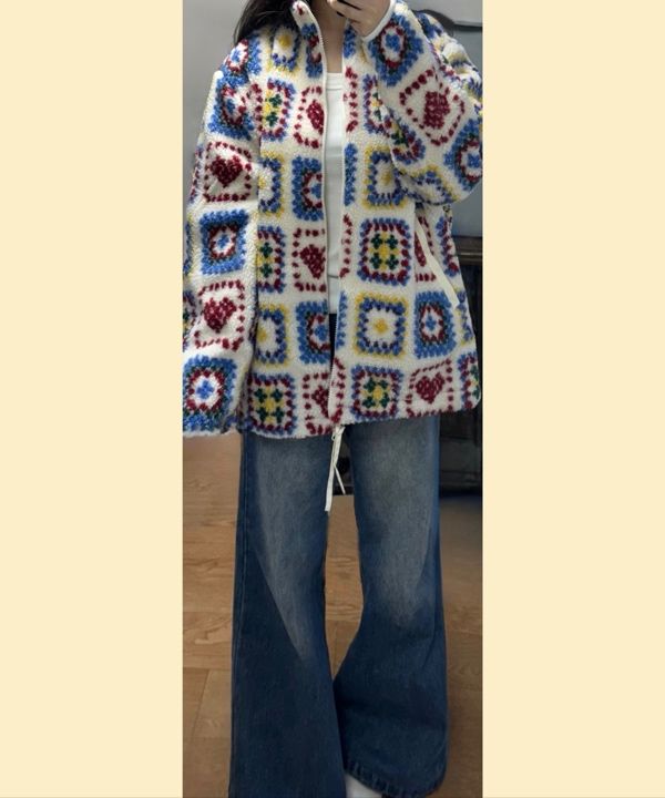 MUSINSA | RONRON HEART CROCHET PATTERN FLEECE JACKET IVORY