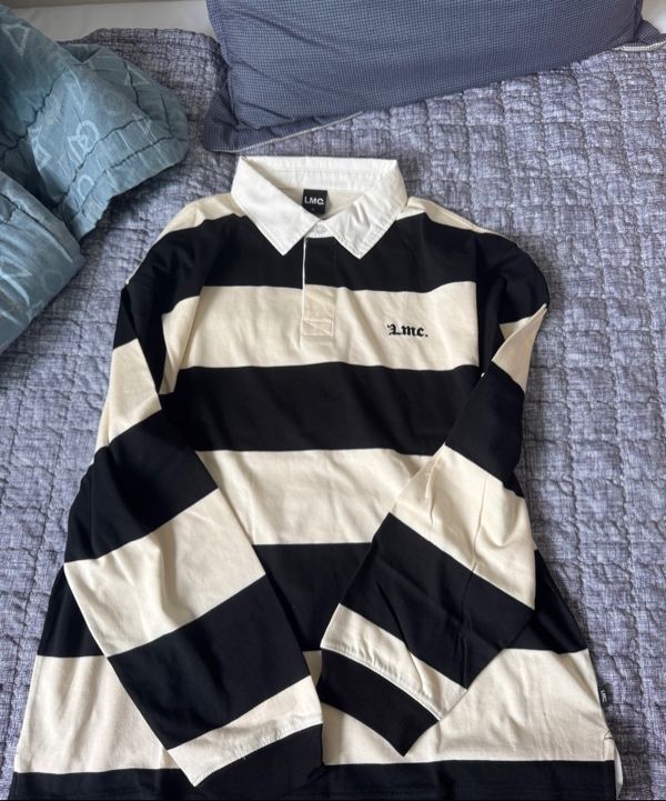 MUSINSA | LMC STRIPE GOTHIC NAME RUGBY SHIRT black