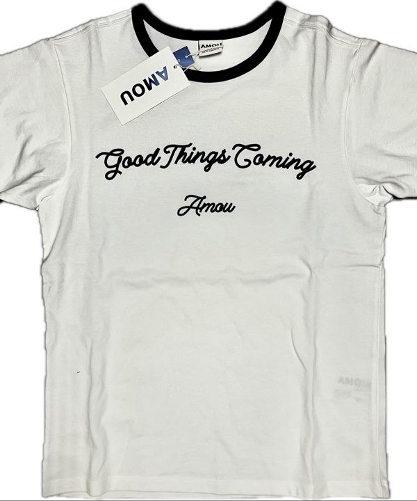 MUSINSA | AMOU Good things coming arch logo ringer half T-shirts white