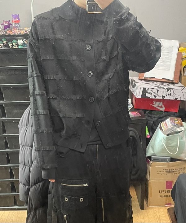 MUSINSA | AJOBYAJO Fringe Check Cardigan [BLACK]