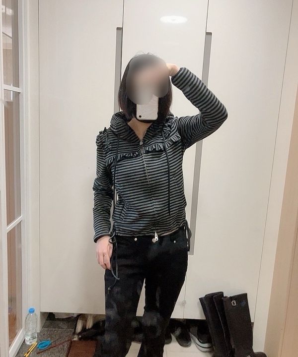 MUSINSA | TYPESERVICE Ruffled Stripe Zip Hoodie [Black]