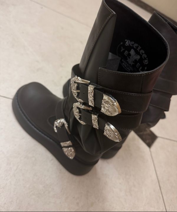 MUSINSA | L.E.E.Y WESTERN BUCKLE FOLDING BOOTS DARK KHAKI