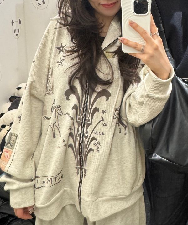 MUSINSA | TOOMUCHTAX PRINTED WAFFLE ZIP-UP HOODIE (IVORY)