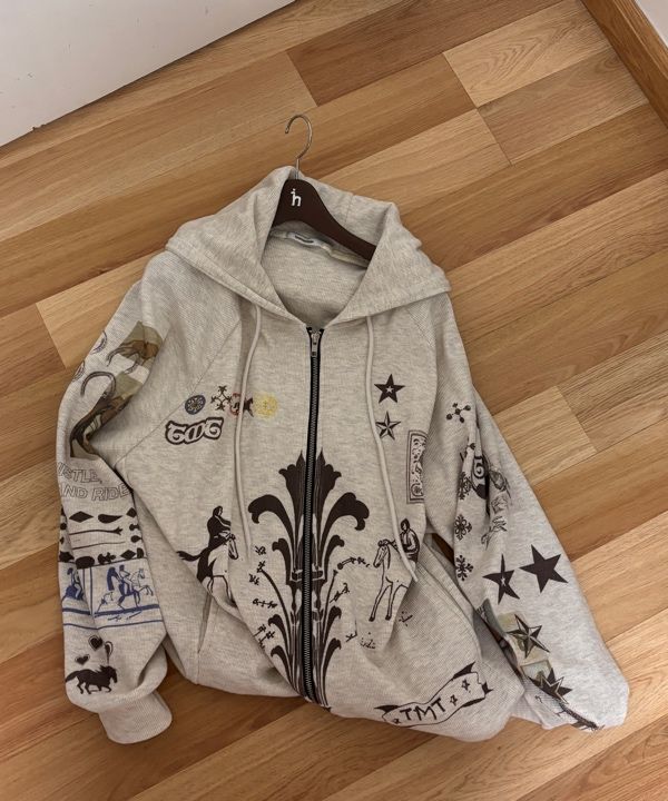 MUSINSA | TOOMUCHTAX PRINTED WAFFLE ZIP-UP HOODIE (IVORY)