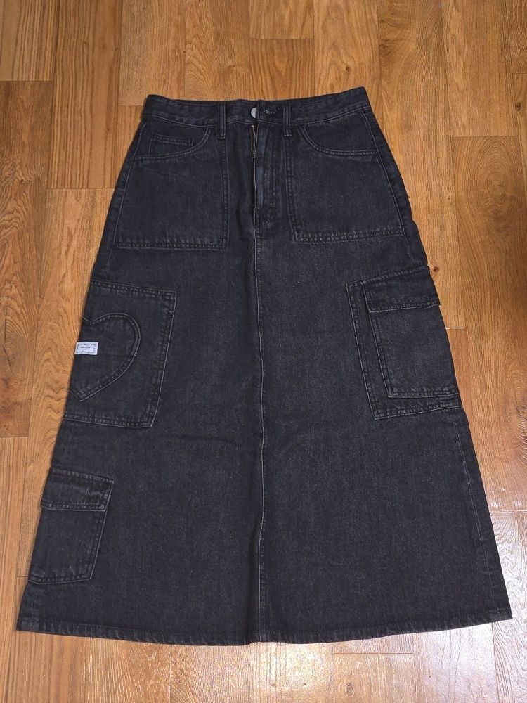 MUSINSA | RONRON CARGO HEART STITCH POCKET DENIM LONG SKIRT