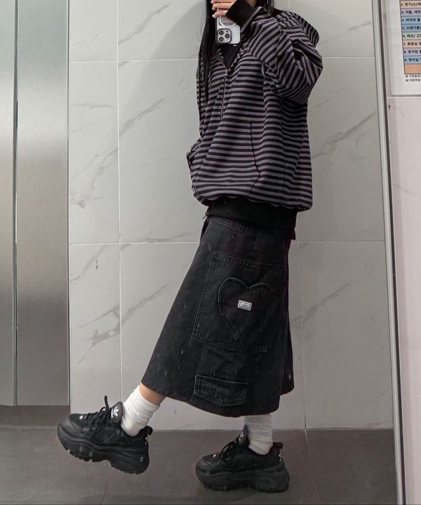 スカート RONRON CARGO HEART STITCH POCKET DENIM LONG SKIRT BLACK RR25 RONRON CARGO HEART STITCH POCKET DENIM LONG SKIRT BLACK