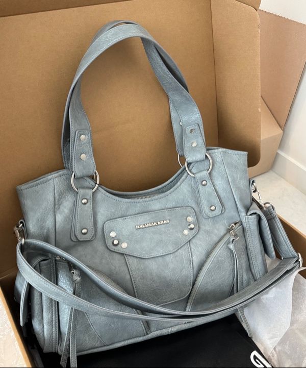 MUSINSA | IUGAMAKARAS Studded Leather Shoulder Bag (Sky Blue)