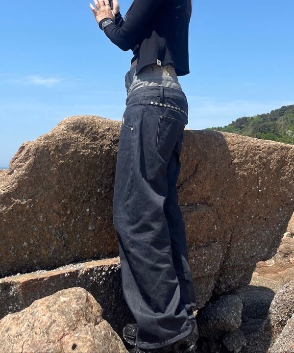 MUSINSA | SCULPTOR Beaded Layered Denim Pants Nonfade Gray
