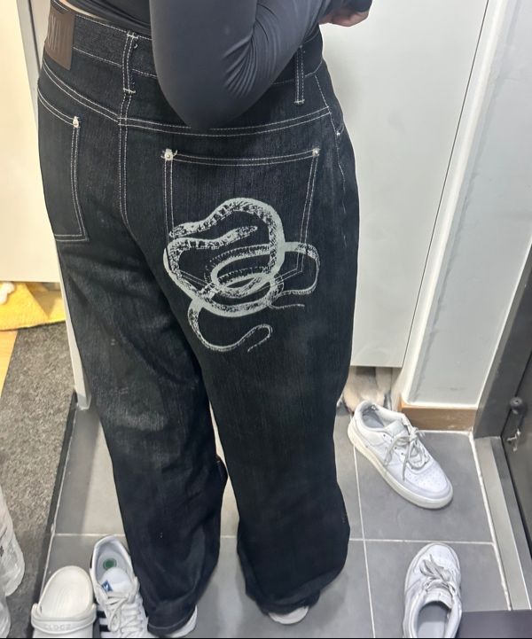 MUSINSA | AAKAM Snake Printed Denim Pants (Dark Blue)