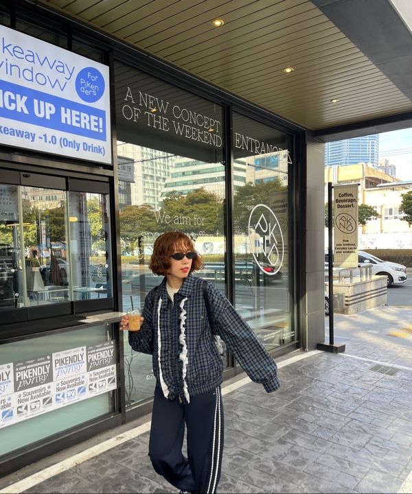 MUSINSA | RONRON VINTAGE RUFFLE BLOUSON GREEN CHECK