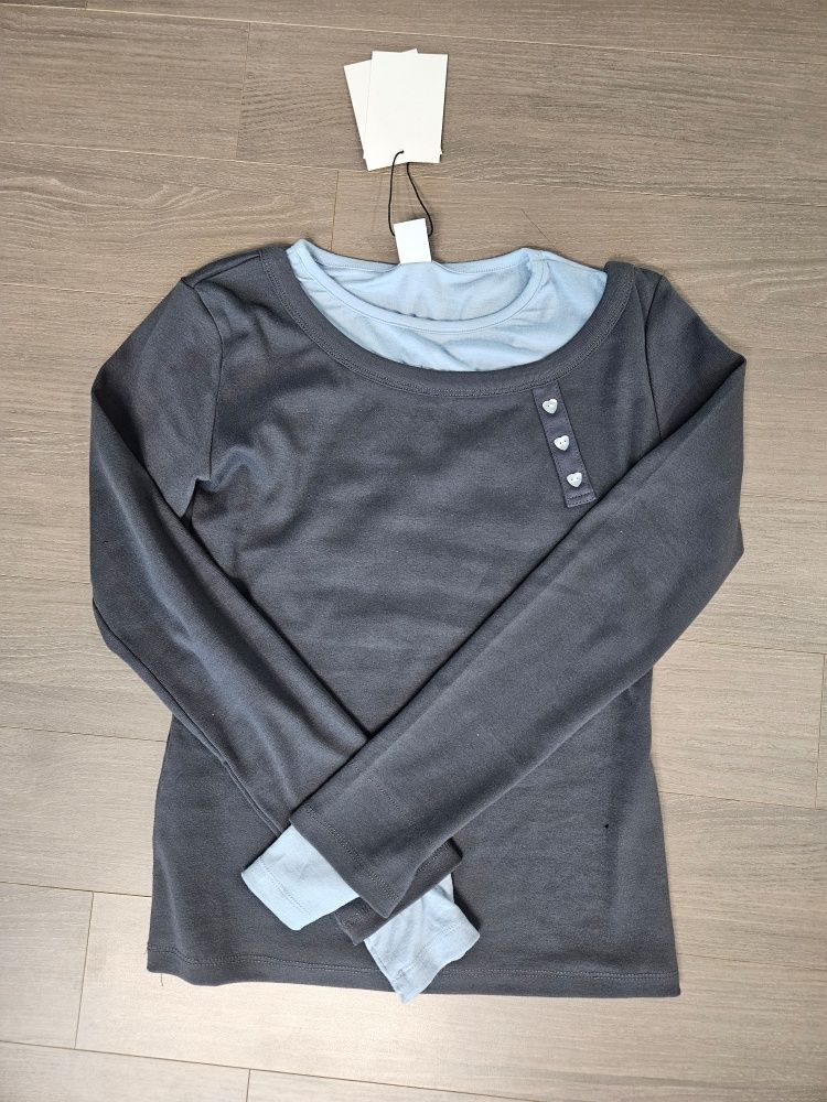 MUSINSA | RONRON UNBALANCE HEART BUTTON LAYERED T SHIRT GREY