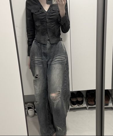MUSINSA公式 | PLEASENOFOLLOW Kayla Shirring Shirt Top (Indigo)