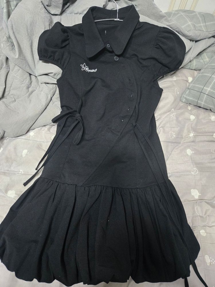 MUSINSA | KASHIKO Puff Preppy Mini Dress Black