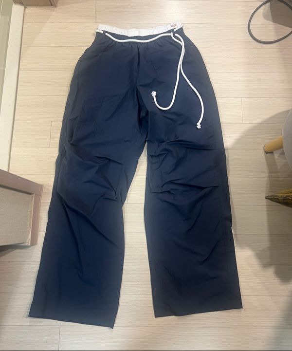 [YOUHEE] COTTON LAYERED BANDING WIDE PANTS ワイドパンツ YOUHEE) COTTON LAYERED BANDING WIDE PANTS NAVY