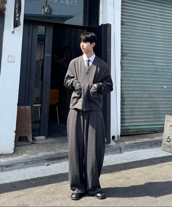 MUSINSA | DNSR Striped multi pleated wide slacks charcoal
