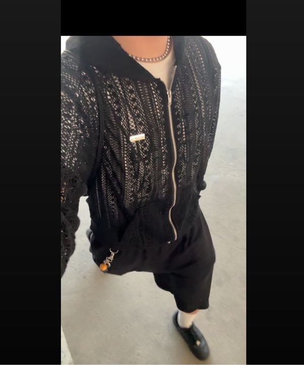 MUSINSA | OY LOGO CROCHET HOODIE ZIP UP - BLACK