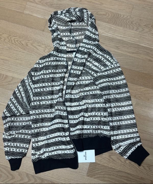 MUSINSA | OY LOGO STRIPED CROCHET HOODIE ZIP UP - BLACK