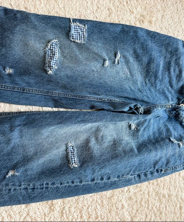 MUSINSA | AEAE CHECK PATCHWORK DENIM PANTS [MID BLUE]