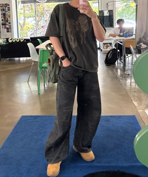 ◆BADBLOOD◆ Lion Patch Washed Barrel Pants Dark Camo w-pts2 MUSINSA | BADBLOOD Lion Patch Washed Barrel Pants - Dark Camo