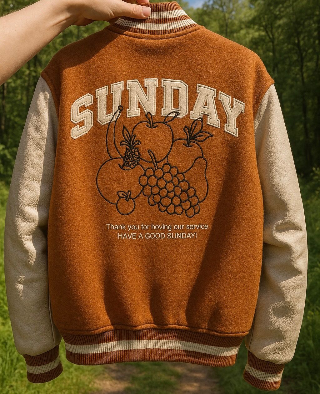 MUSINSA | SUNDAY FRUIT MARKET GOLDEN HOUR VARSITY JACKET ORANGE