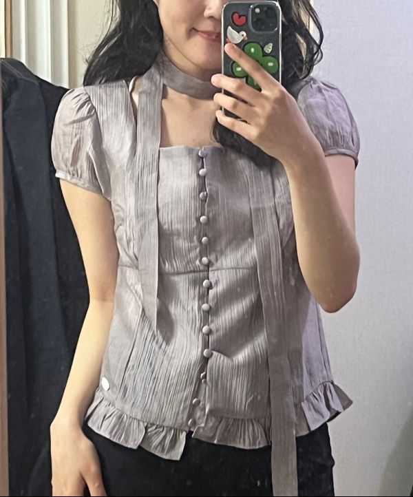 トップス ILLIGO Ribbon Tie Square Neck MUSINSA公式 | ILLIGO Ribbon Tie Square Neck Blouse - Gray