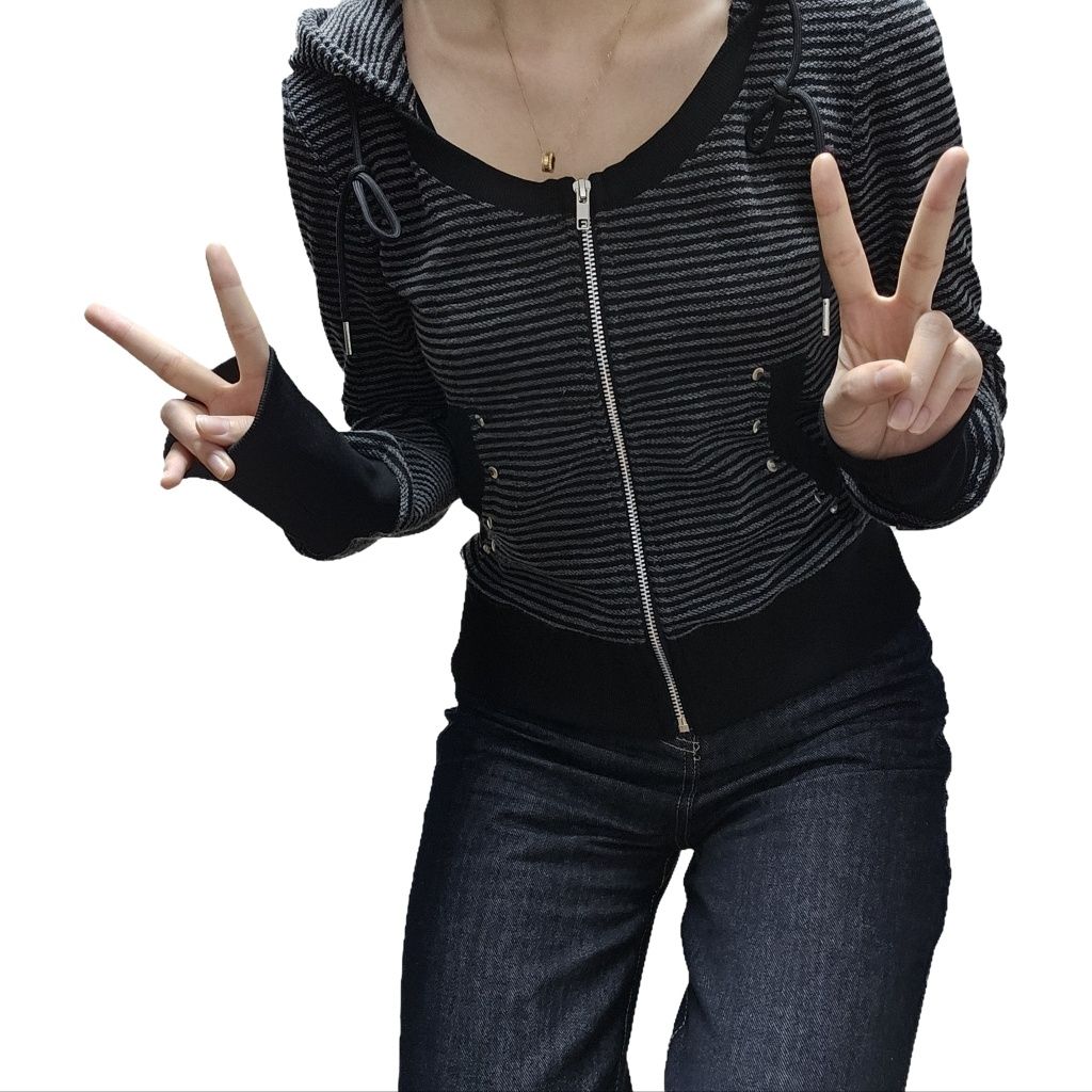 MUSINSA公式 | NOTKNOWING U Neck Stripe Hood Zip Up (BLACK)