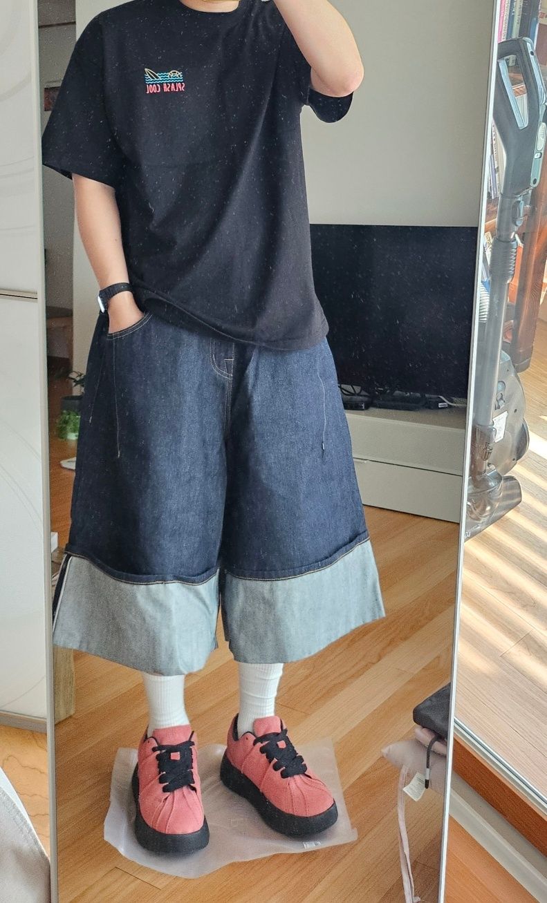 MUSINSA | ANGLAN Turn-up Selvedge Denim Half Pants - Indigo