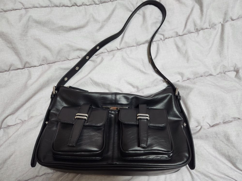 MUSINSA | MATIN KIM DOUBLE POCKET SHOULDER BAG IN BLACK