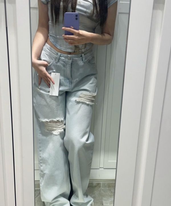 MUSINSA | TOOMUCHTAX Low rise loose fit damage jeans ice blue