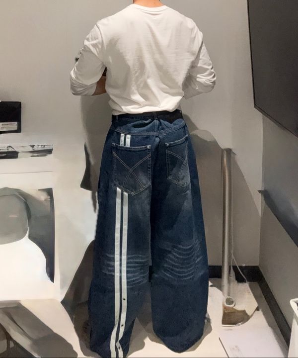 MUSINSA公式 | AAKAM 2-Lined Eyelet Washed Denim Pants (Blue)