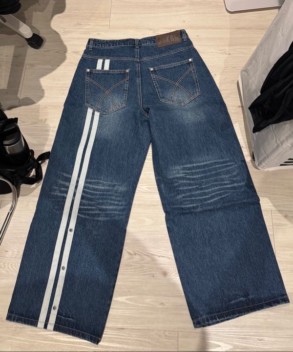 MUSINSA公式 | AAKAM 2-Lined Eyelet Washed Denim Pants (Blue)