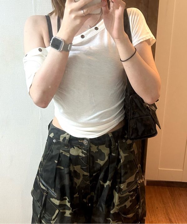 【韓国 Pleasenofollow】Harry Button Unbal Shirring Short Top MUSINSA | PLEASENOFOLLOW Harry Button Unbal Shirring Short