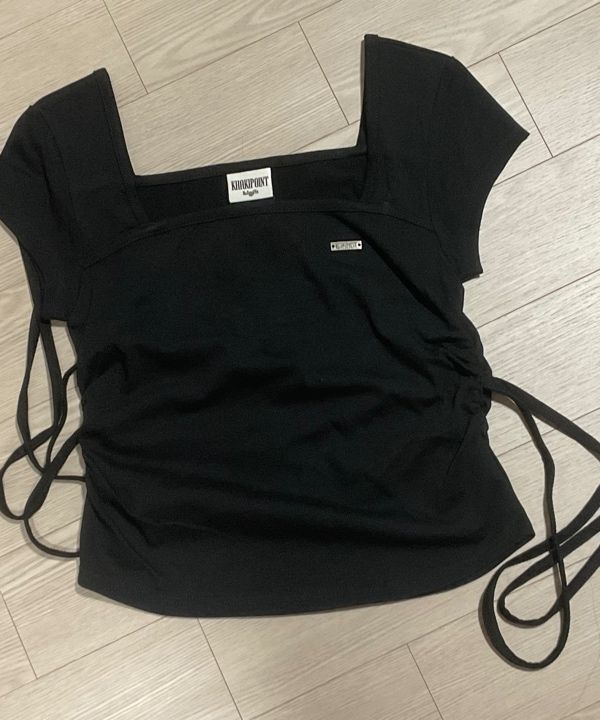 MUSINSA | KHAKIPOINT Ribbon Shirring T-shirt (black)