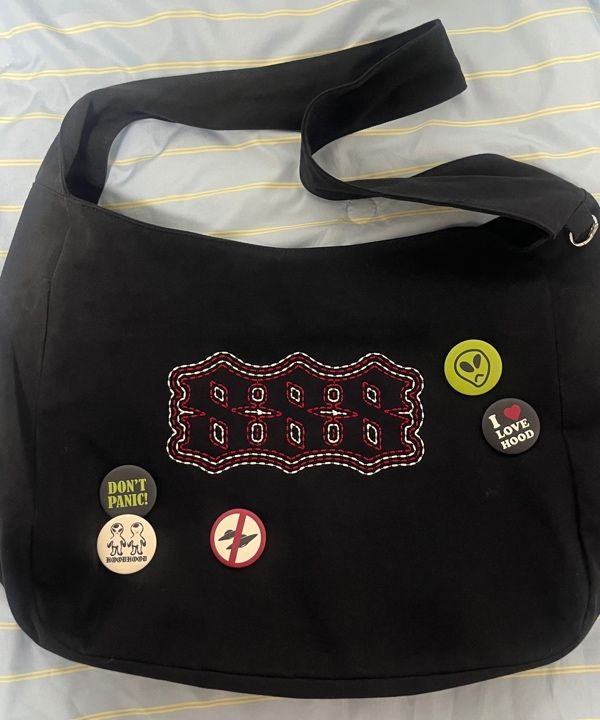 MUSINSA | HOODHOOD 888 pin button shoulder bag black