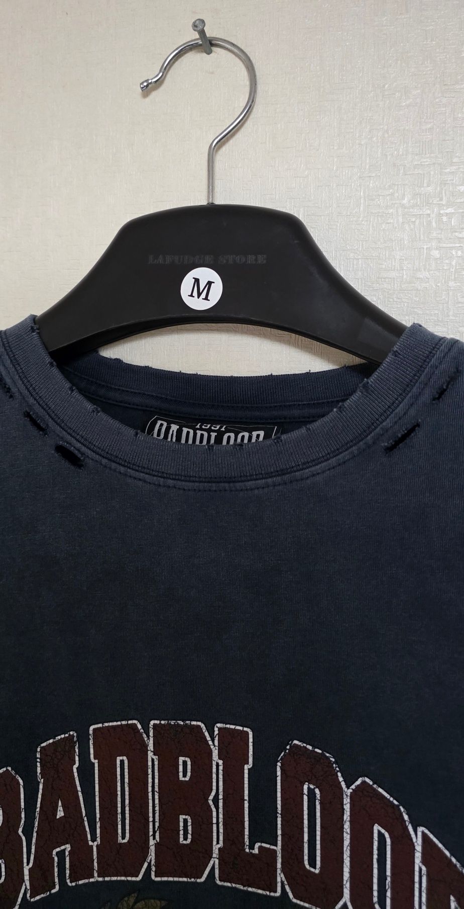 MUSINSA | BADBLOOD Workshop Print Distressed T-Shirt - Black