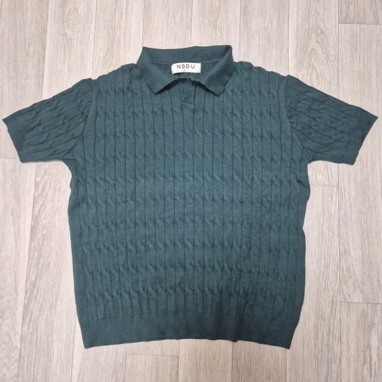 MUSINSA | NODU Six Cable Collar Short Sleeve Knit [Green]
