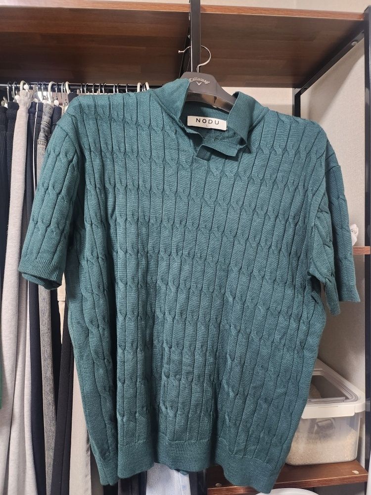 MUSINSA | NODU Six Cable Collar Short Sleeve Knit [Green]